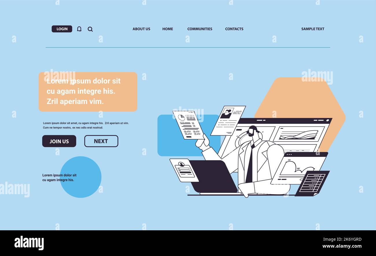 Geschäftsmann, der Diagramme und Grafiken analysiert, Datenanalyse-Prozess digitales Marketing Planung der Unternehmensstrategie Stock Vektor