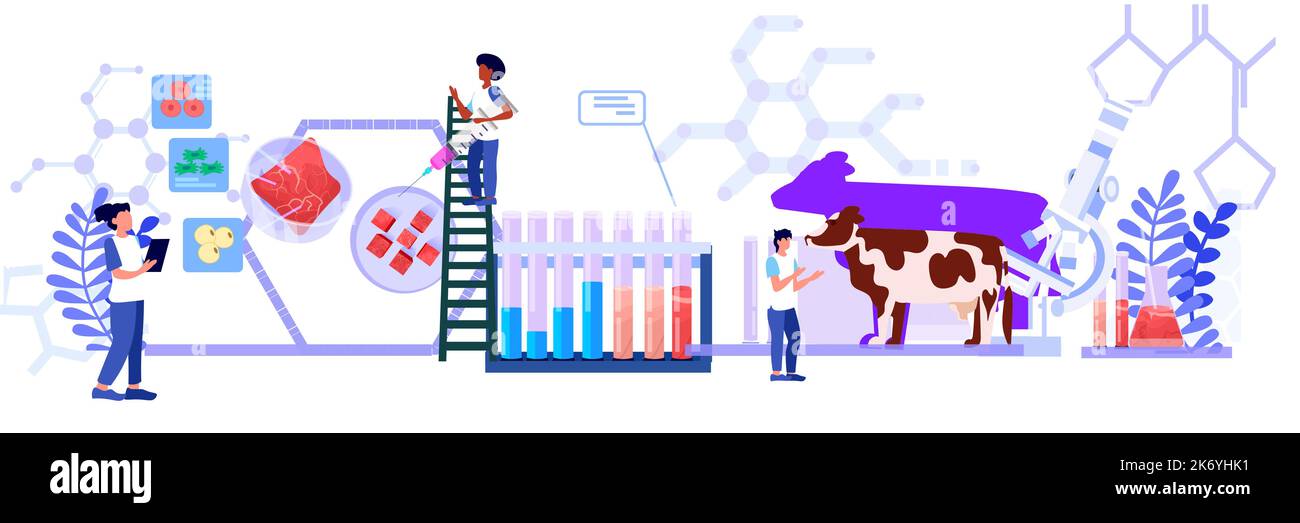 Wissenschaftler-Team analysiert kultivierten roten rohen Kalb aus tierischen Zellen künstlichen Labor gezüchtet Fleisch Produktionskonzept Stock Vektor