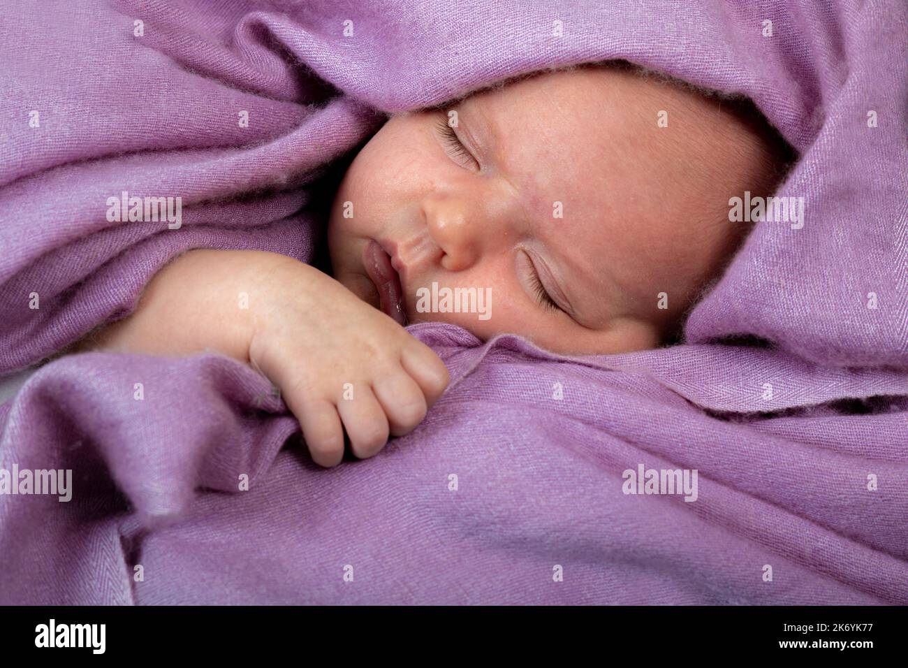 Ein winziges Baby schläft auf einer fliederfarbenen Kaschmirdecke Stockfoto