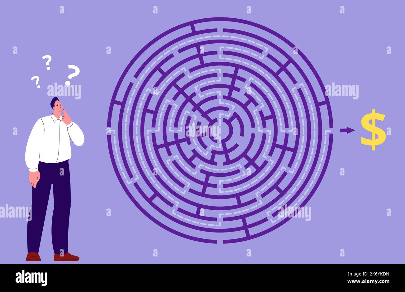 Geschäftsmann, der sich das Labyrinth ansieht. Flat Manager wählen Weg zu Geld, Start-up-Konzept. Verwirrt männlich gelöst Probleme, Lösung finden und Weg zum Ziel Stock Vektor