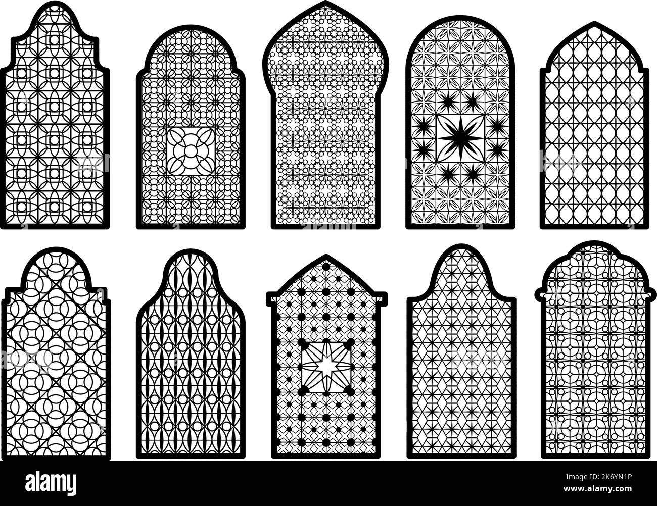 Islamische Zierfenster. Arabischer Fensterbogen, traditionelle orientalische religiöse Dekorelemente. Schöne Türen Formen, isolierte Rahmen anständigen Vektor Stock Vektor