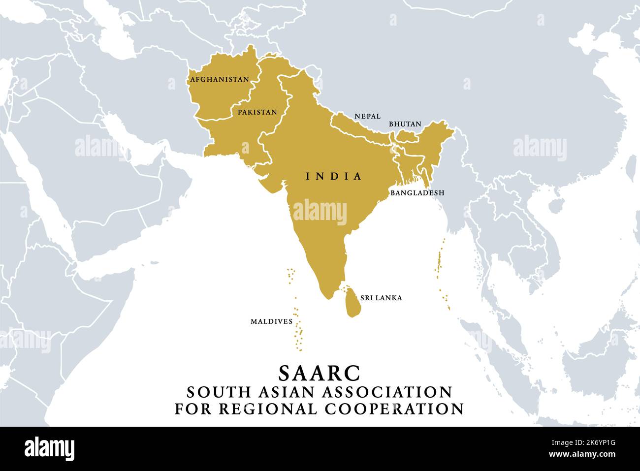 SAARC, Mitgliedsstaaten, politische Landkarte. Die südasiatische Vereinigung für regionale Zusammenarbeit, eine regionale zwischenstaatliche Organisation. Stockfoto