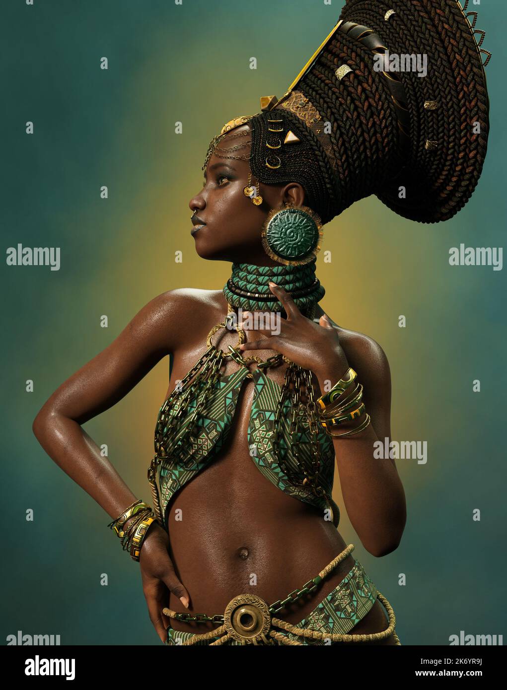 3D Computergrafiken einer afrikanischen Schönheit mit Schmuck und Kopfschmuck Stockfoto