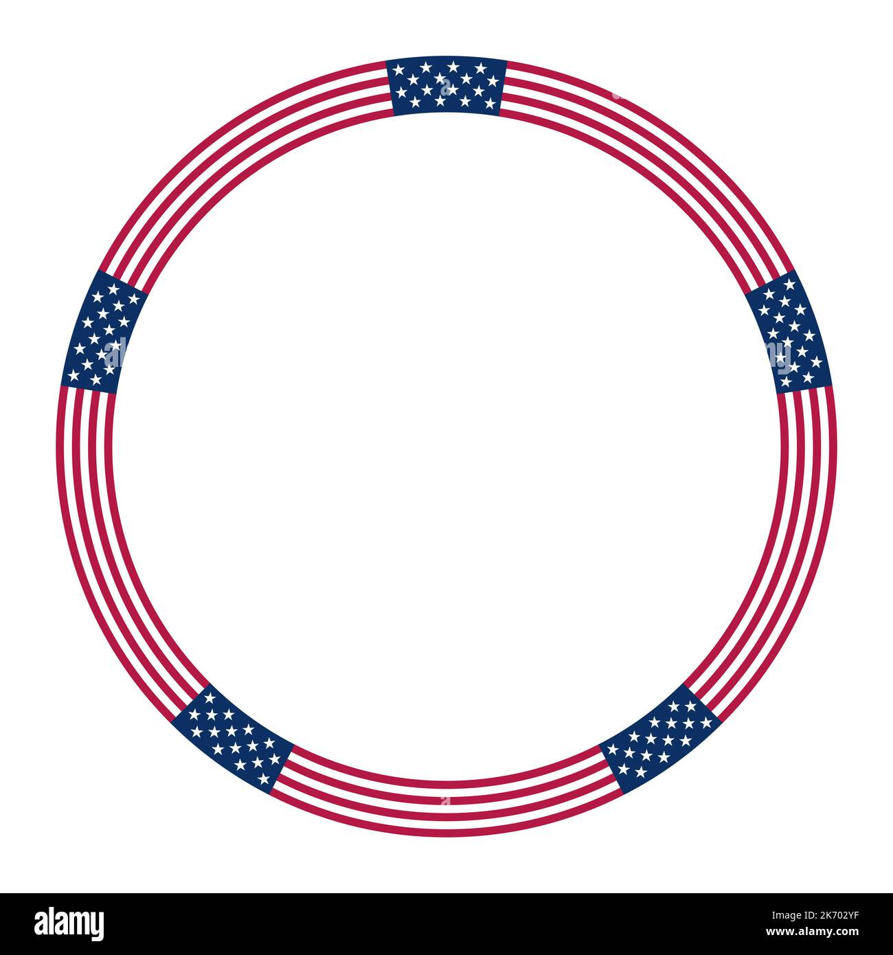 Amerikanisches Flaggen-Motiv, Kreisrahmen. Kreisförmige Bordüre mit Sternen- und Streifenmuster, basierend auf der Nationalflagge der Vereinigten Staaten. Stockfoto