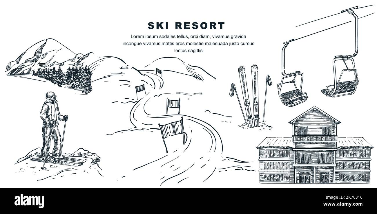 Design-Elemente für Skigebiete und Reisen. Handgezeichnete Vektorskizze. Skifahrer auf dem Gipfel des Berges, Skifahren im Schnee, Lift, Piste und Haus i Stock Vektor