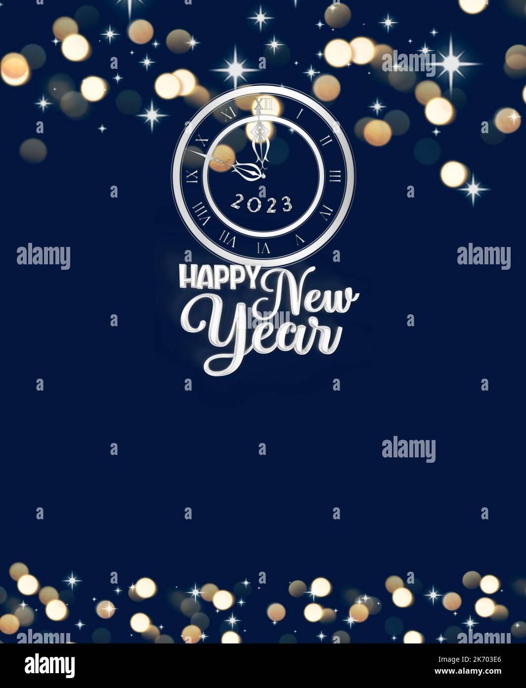 Grußkarte zum neuen Jahr 2023 mit Bokeh-Lichtern, Feuerwerk und Sektgläsern in spanischer Sprache Stockfoto