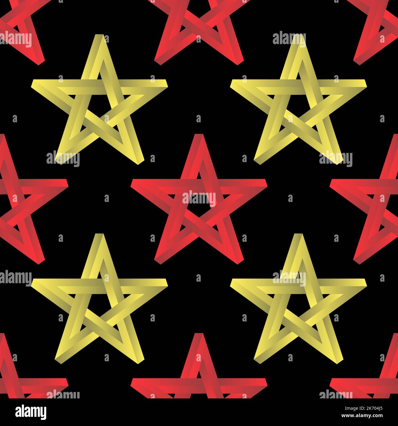 Pentagramm Zeichen fünf spitzen Stern nahtloses Muster. Magisches Symbol des Glaubens. Einfache gelbe rote Sternsymbole Stock Vektor