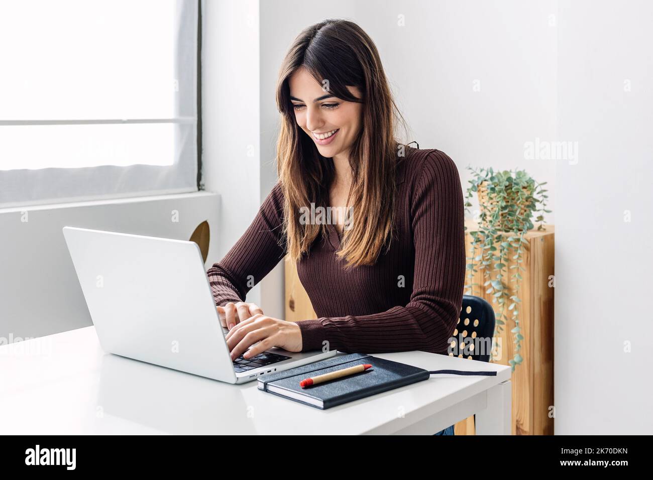 Selbstbewusste junge Erwachsene Geschäftsfrau, die im Heimbüro an einem Laptop arbeitet Stockfoto