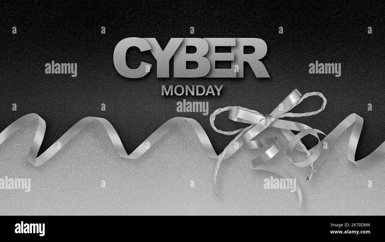 Cyber Monday Text mit silbernem glänzenden Band Schleife isoliert auf schwarzem und silbernem Glanz Textur Hintergrund, Geschenkkarte, Werbe-oder Werbebanner, Stockfoto