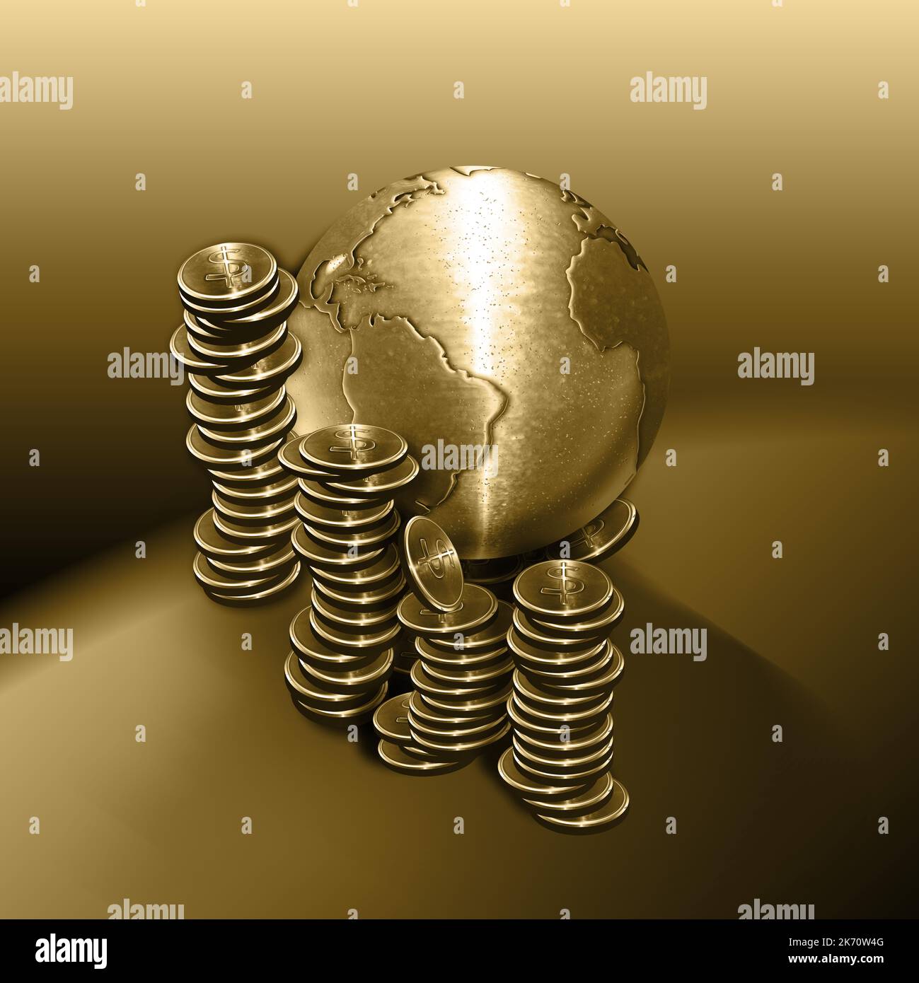 3D Illustration goldene Metall Erdkugel mit Münzen Geld um sie Börse Stockfoto