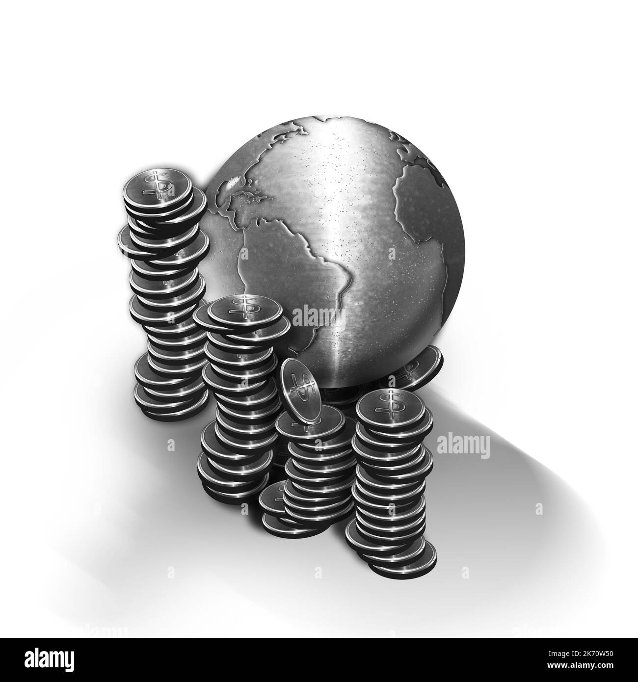 3D Illustration Metall Erdkugel mit Münzen Geld um sie Börse Stockfoto