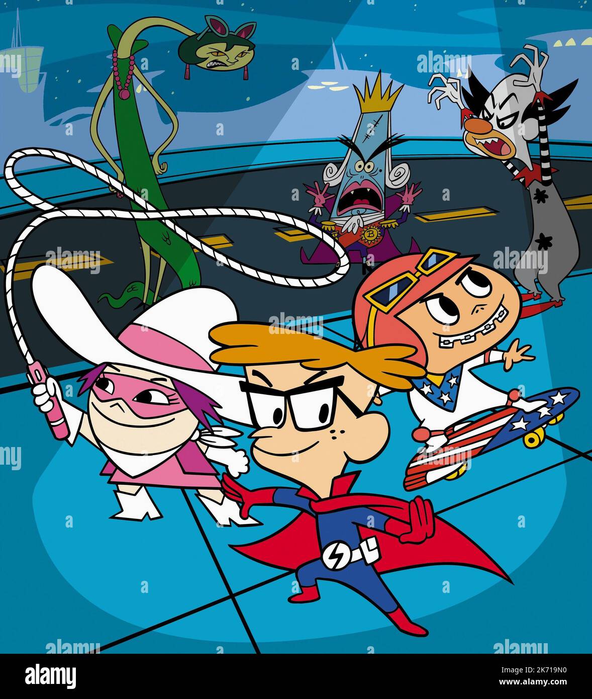 MADAME, SNAKEROPE MÄDCHEN, KAPITÄN CRANDALL, BARON BLITZ, SKATE KOP, der geburtstag Bandit, TEAMO SUPREMO, 2002 Stockfoto