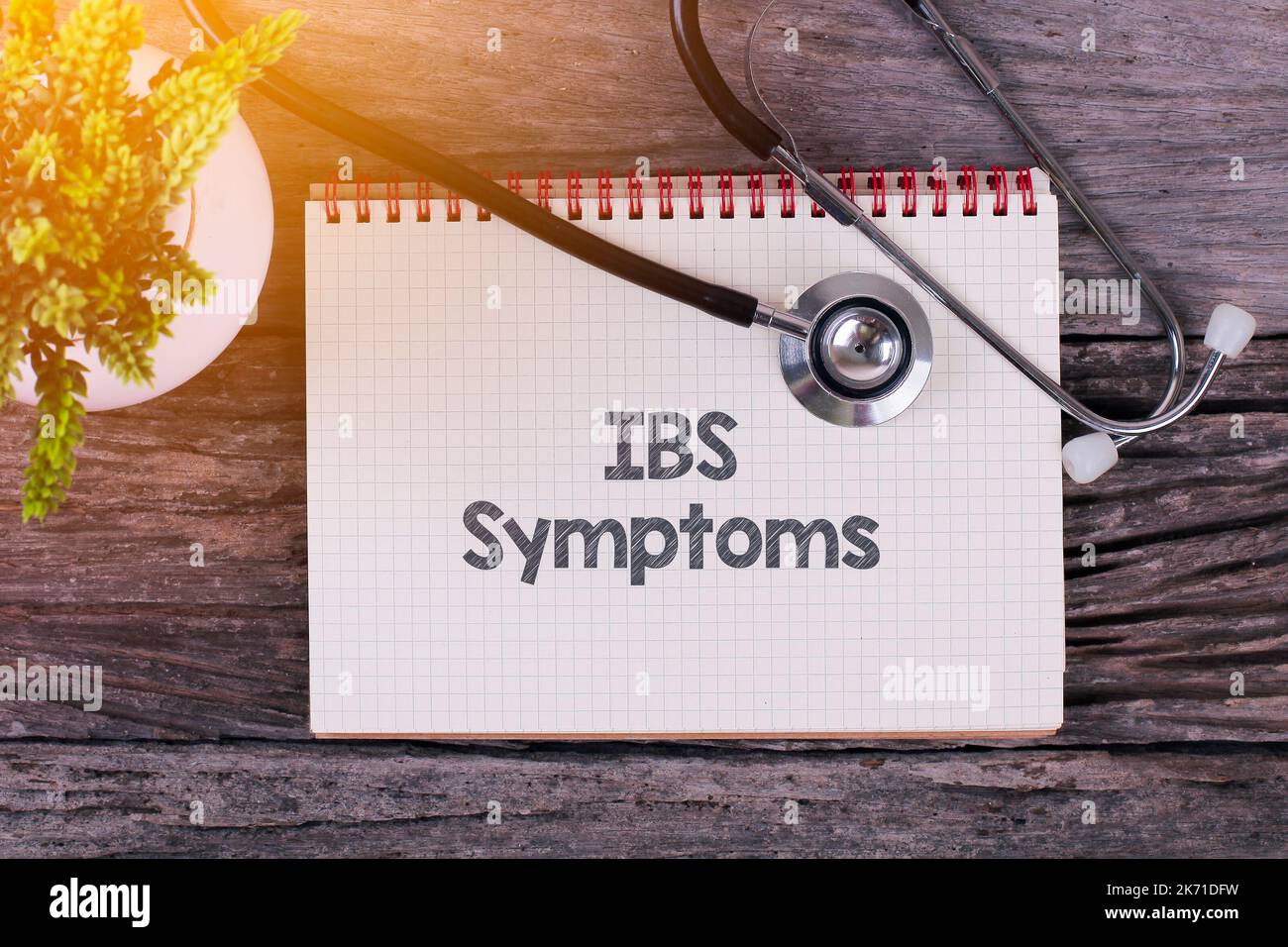 IBS-Symptome auf Notebook, Stethoskop und Green Plan Stockfoto