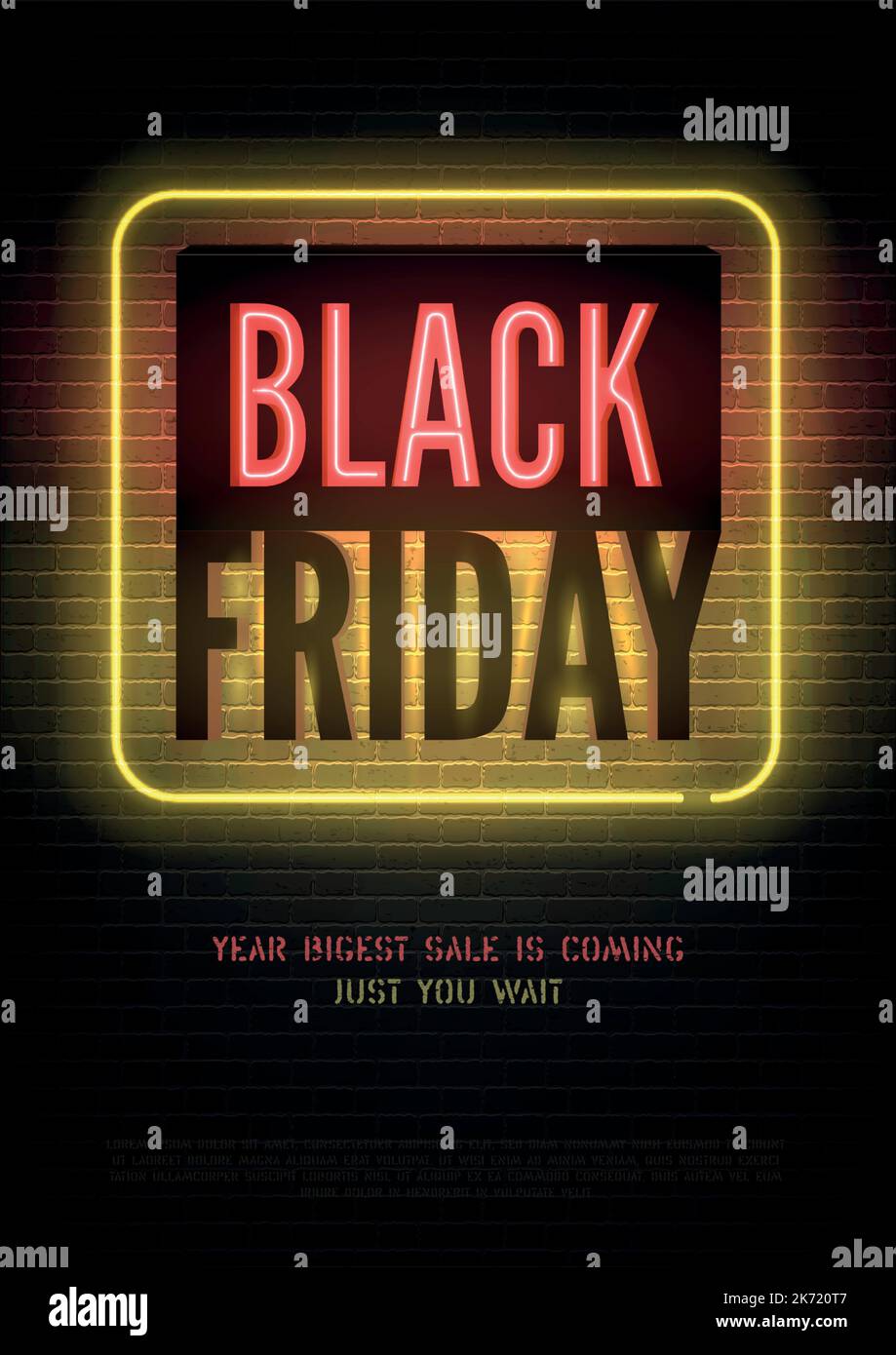 Black Friday große Rabatte realistische Vektor Flyer Vorlage. Stilvolle rot-gelbe Verkaufsanzeige Neonlicht auf dunklem Hintergrund. Saisonabfertigung, Luxus-Shop Special Price Banner Design mit Copyspace Stock Vektor