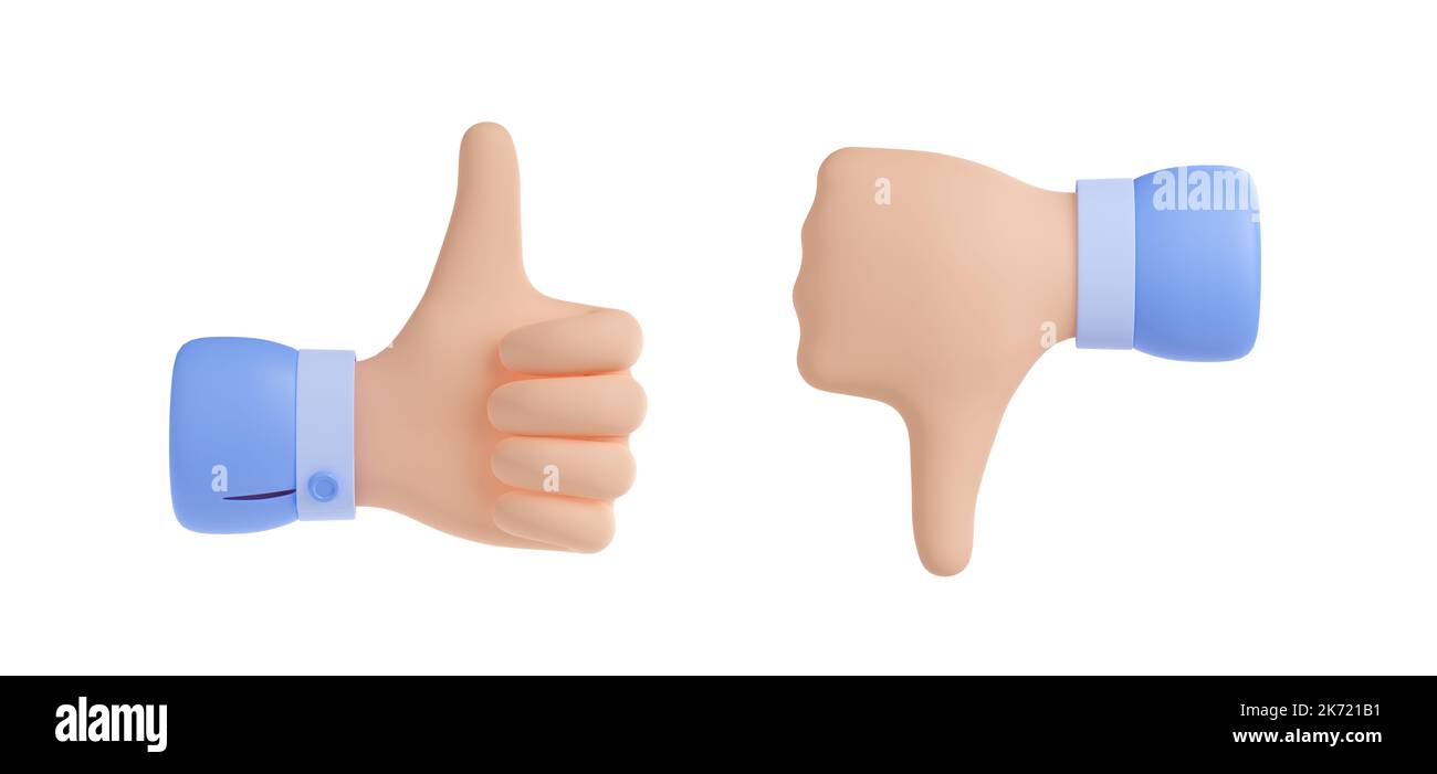 3D Render Satz von wie und nicht wie Hand Zeichen Symbole isoliert auf weißem Hintergrund. Darstellung der Geste „Daumen hoch“ und „Daumen runter“. Symbol für Zustimmung und Ablehnung. Social-Media-Feedback-Emoji-Design Stockfoto