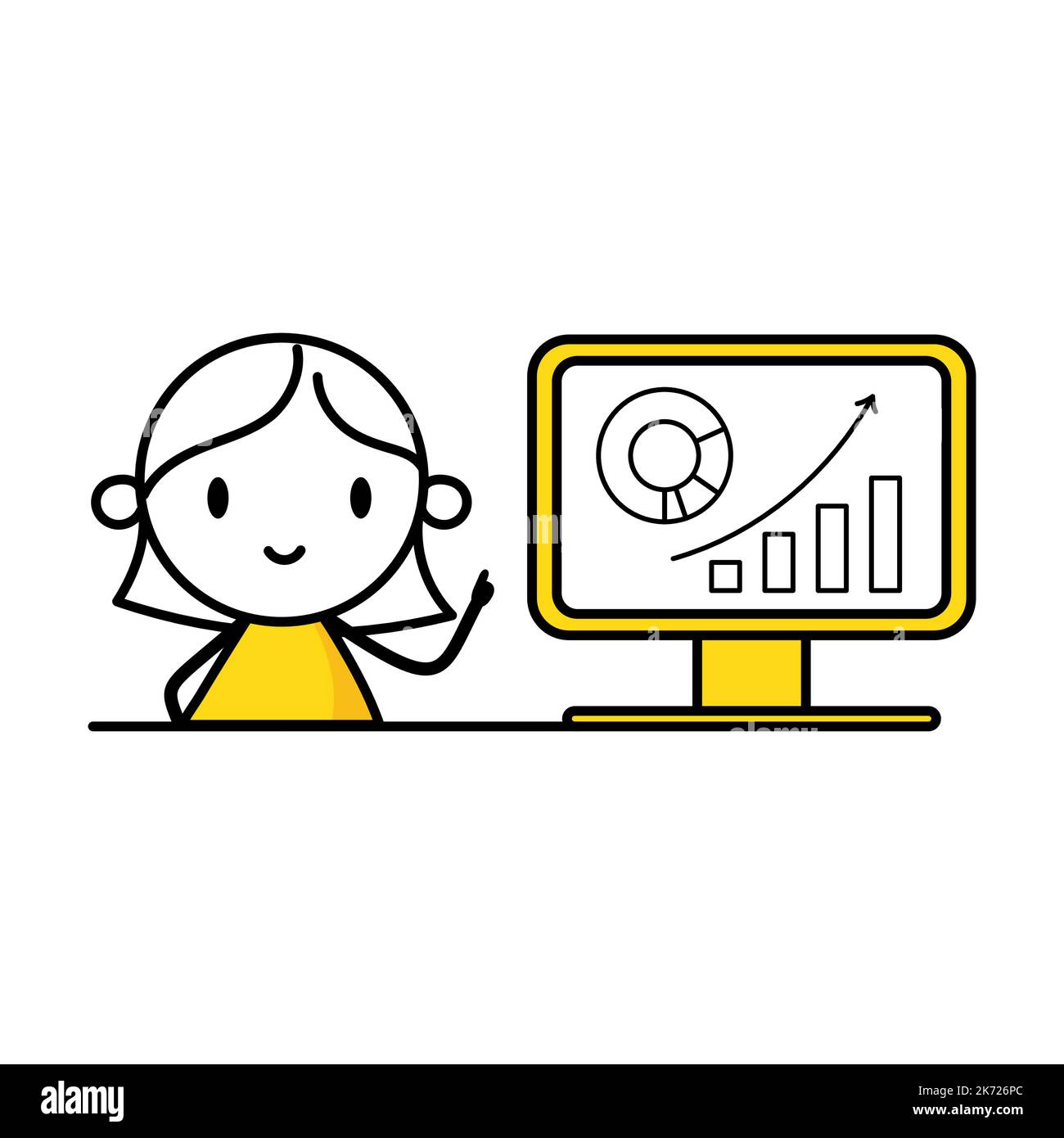 Frau analysiert Diagramm- und Diagrammdaten und arbeitet mit Datenvisualisierung am Computer. Konzept der digitalen Datenanalyse. Vektorgrafik. Stock Vektor