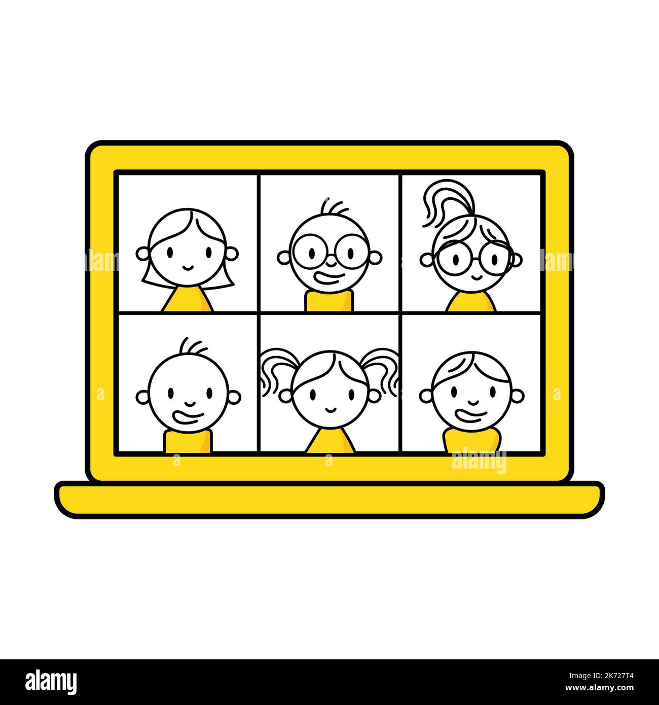 Die Leute werden auf dem Computerbildschirm mit einem Kollegen zusammen aufgenommen. Konzept des Arbeitsplatzes für Videokonferenzen und Online-Meetings. Vektorgrafik. Stock Vektor