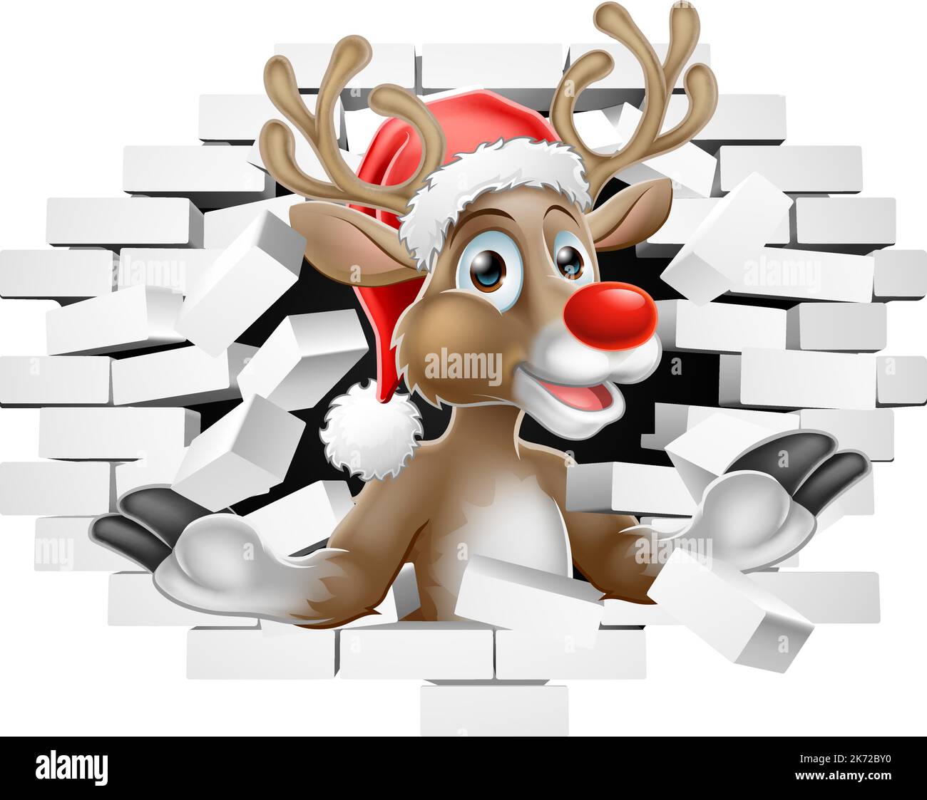Weihnachten Rentier in Santa hat Breaking Wall Stock Vektor