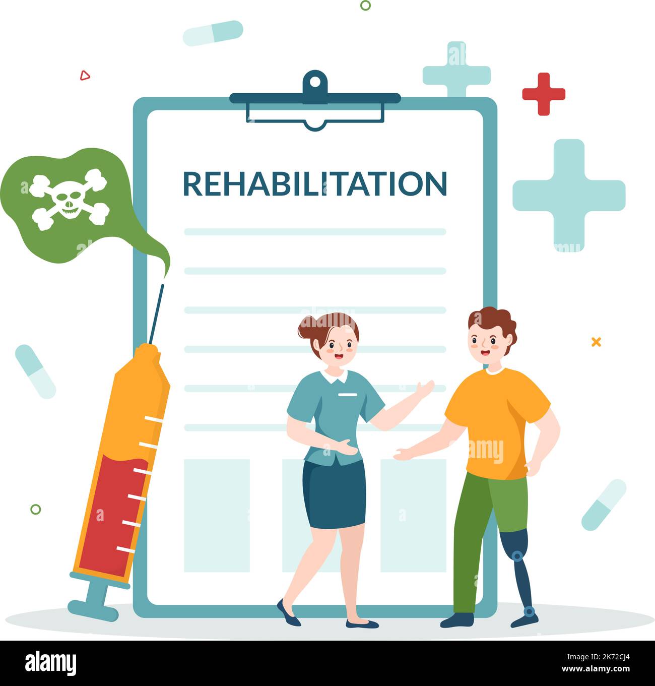 Rehabilitation Flat Cartoon Handgezeichnete Vorlagen Illustration mit Arzt Hilfe Patient Orthopädische Physiotherapie, körperliche Aktivität und Gesundheit Stock Vektor