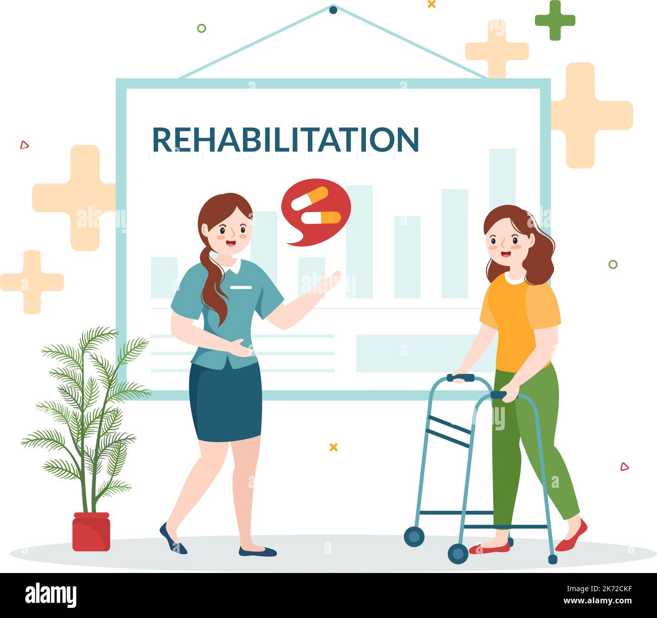 Rehabilitation Flat Cartoon Handgezeichnete Vorlagen Illustration mit Arzt Hilfe Patient Orthopädische Physiotherapie, körperliche Aktivität und Gesundheit Stock Vektor