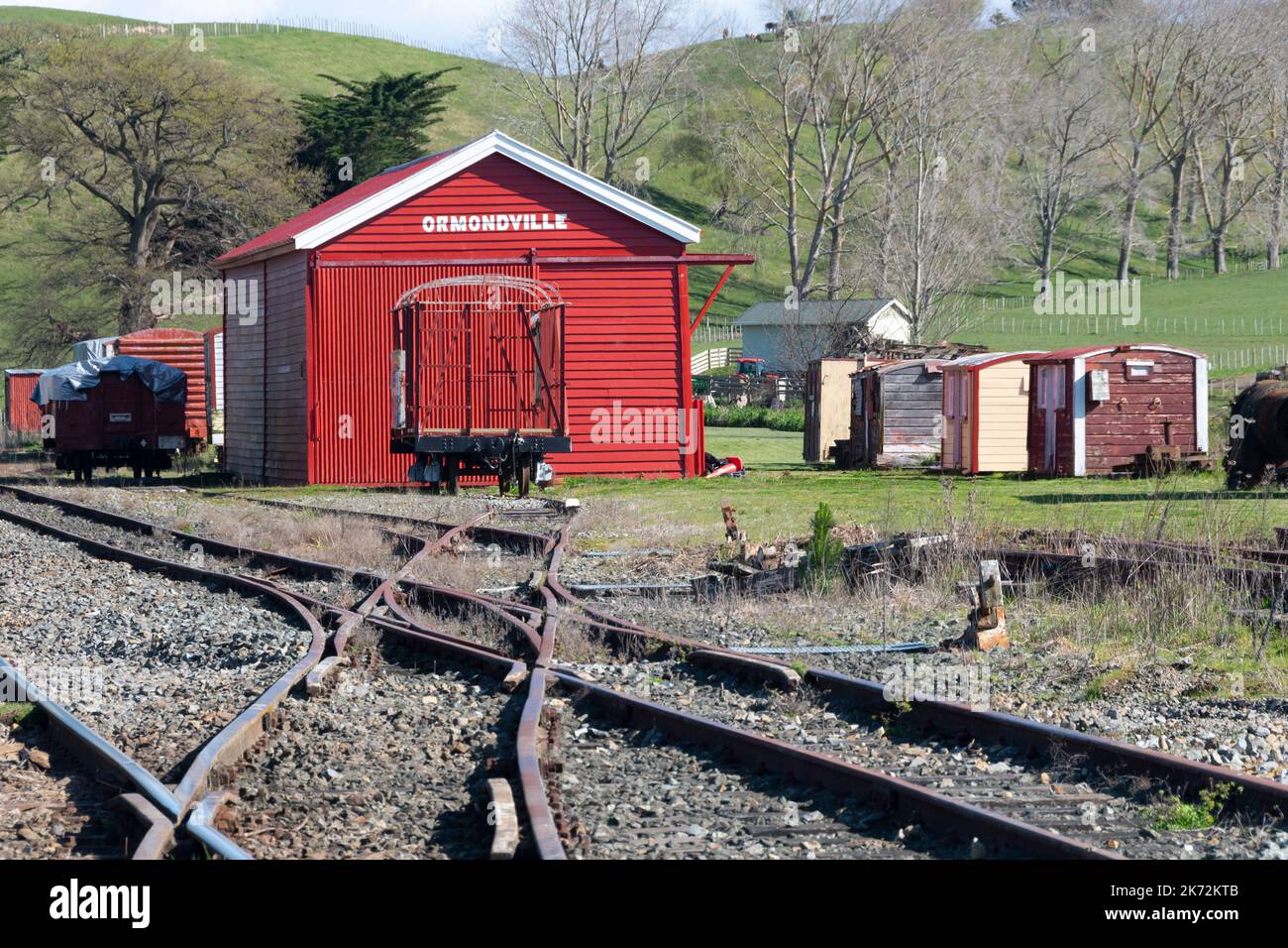 Eisenbahngüterschuppen, Ormondville, Tararua District, North Island, Neuseeland Stockfoto