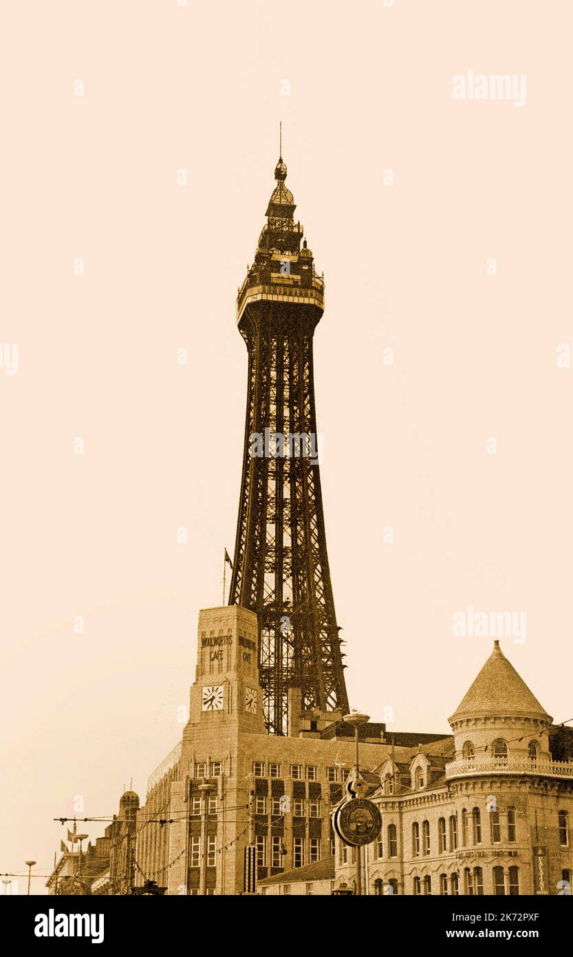 Vintage Blackpool Tower, 1968, Sepia Stockfoto