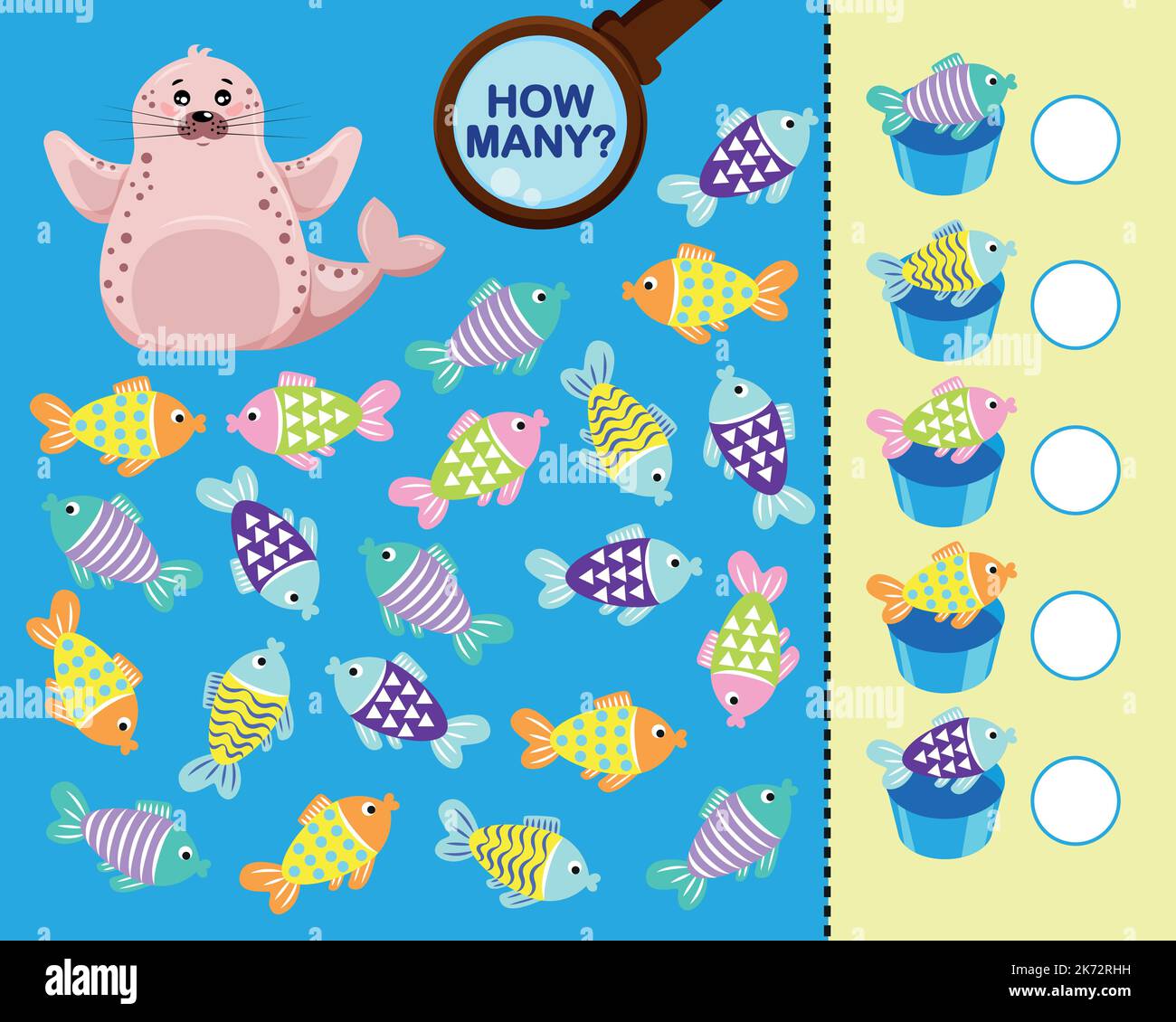 Mathe-Spiel für Kinder. Winterkollektion. Konto und Logik. Seelöwe, der Fisch isst Stock Vektor