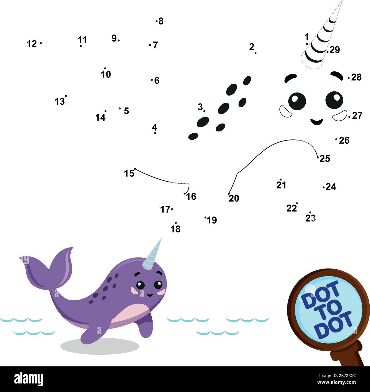 dot to dot Spiel für kleine Kinder. Arctic Kollektion. Narwal. Verbinden Sie die Punkte Stock Vektor