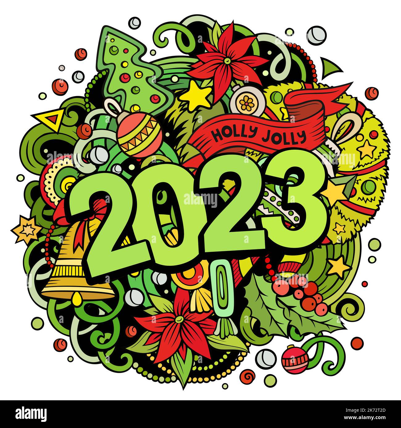 2023 Kritzeleien Illustration. Neujahrs-Objekte und Elemente-Poster Stock Vektor