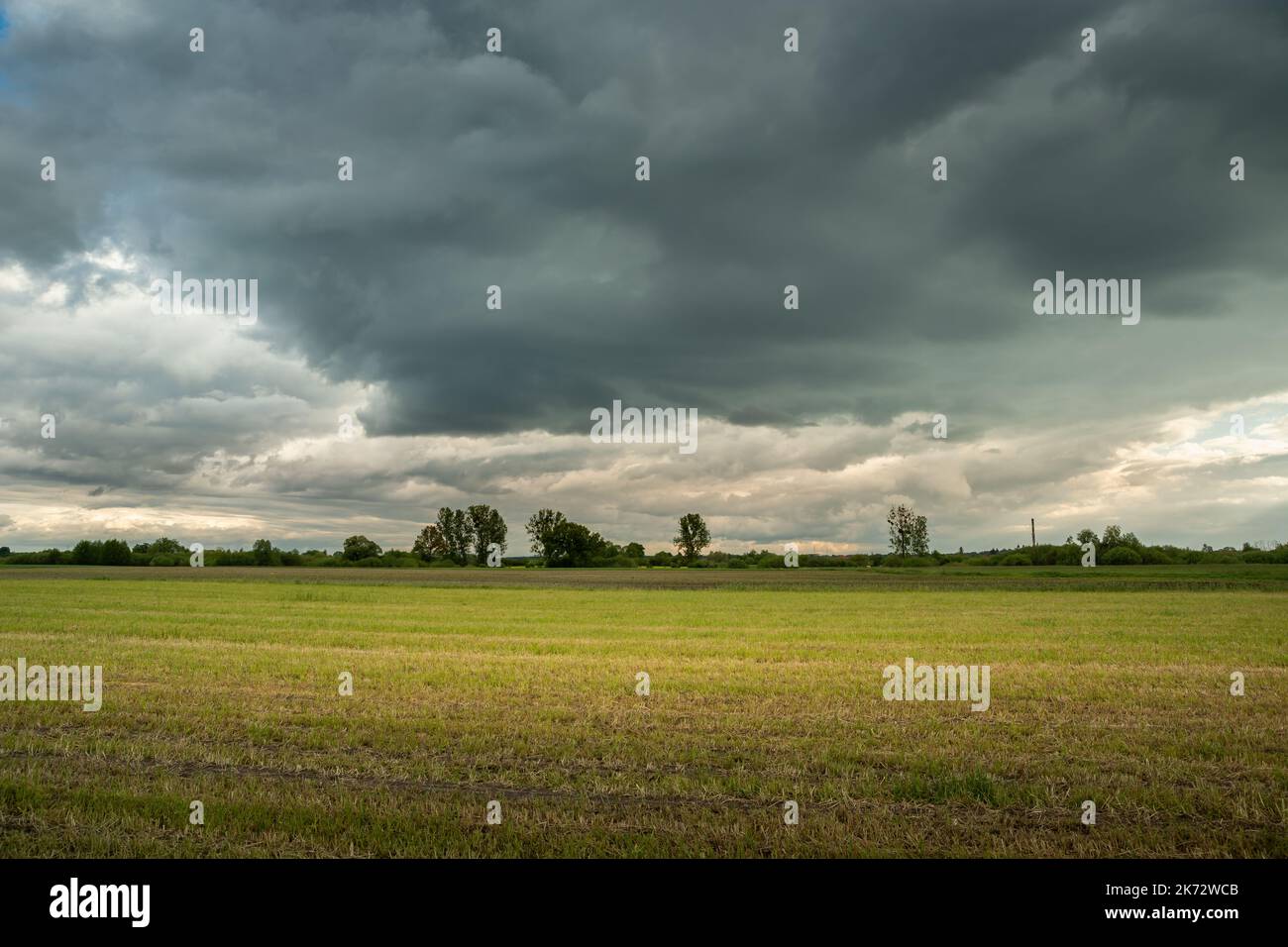 Ein Stoppelfeld und regnerische Wolken am Himmel Stockfoto