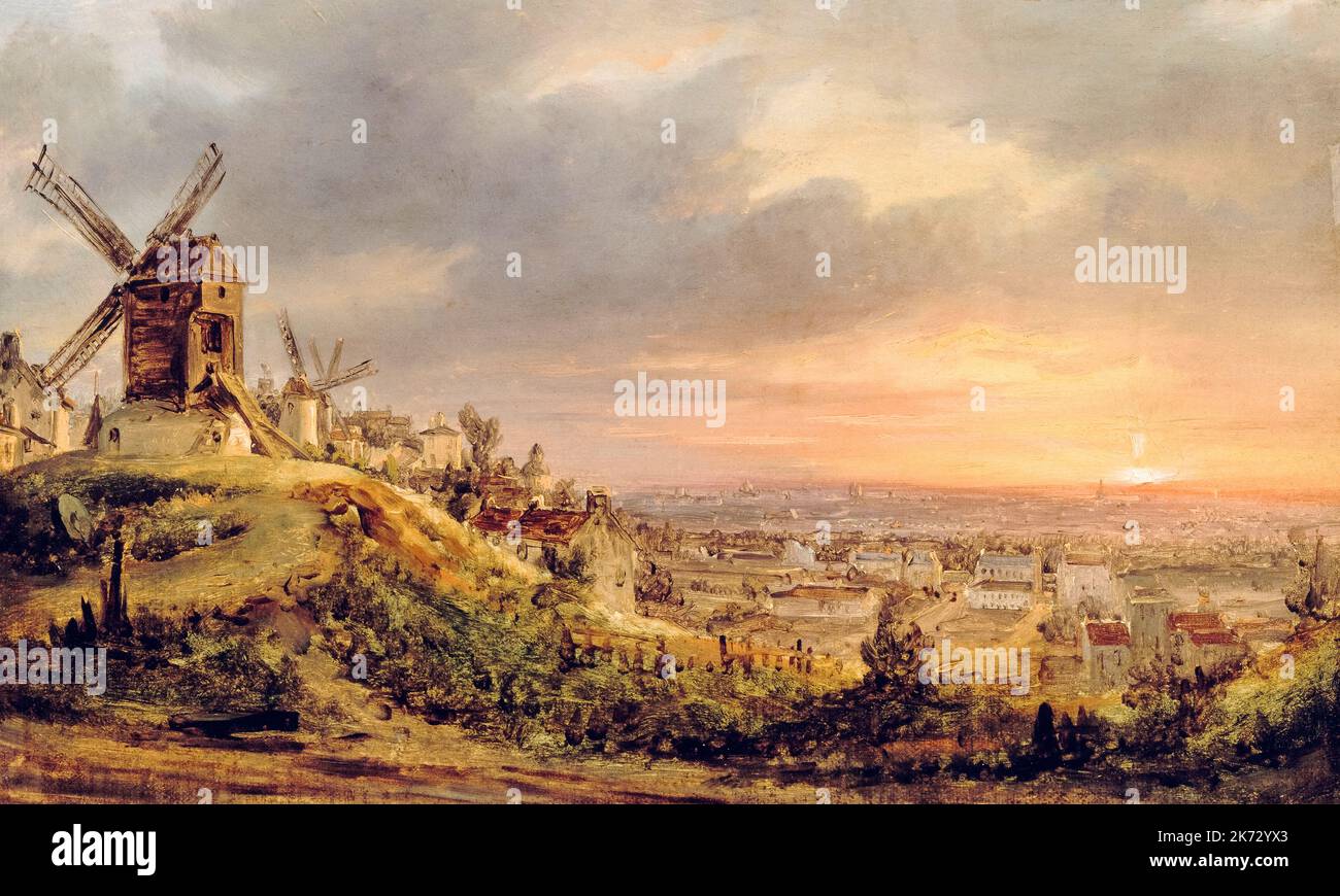 Louis Daguerre, Paris, Vu de la Butte Montmartre (Paris, vom Montmartre-Hügel aus gesehen), Landschaftsmalerei in Öl auf Leinwand, um 1830 Stockfoto
