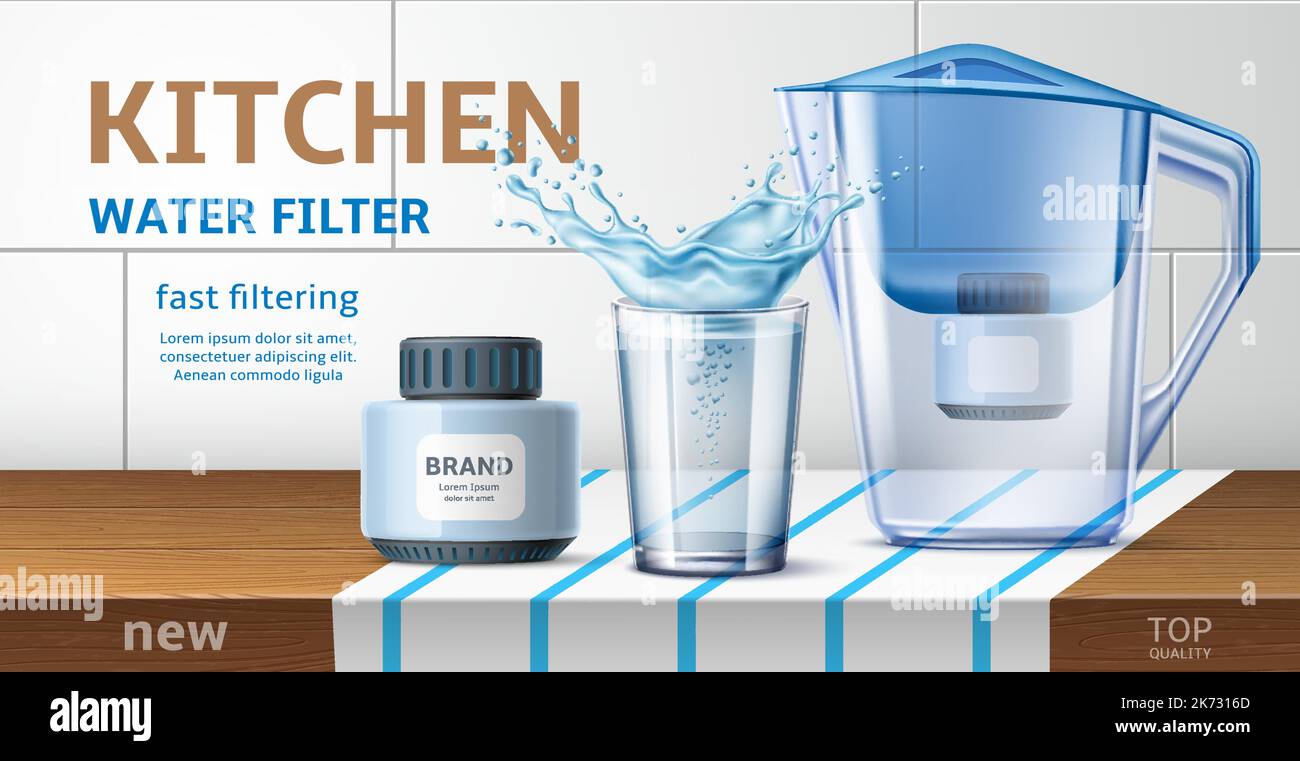 Realistisches Wasserfilter-Poster. Küchengeräte, 3D Kanne mit Ersatzkassette und Glas mit Spritzern, natürliche reine Aqua-Filtration und Clearing Stock Vektor