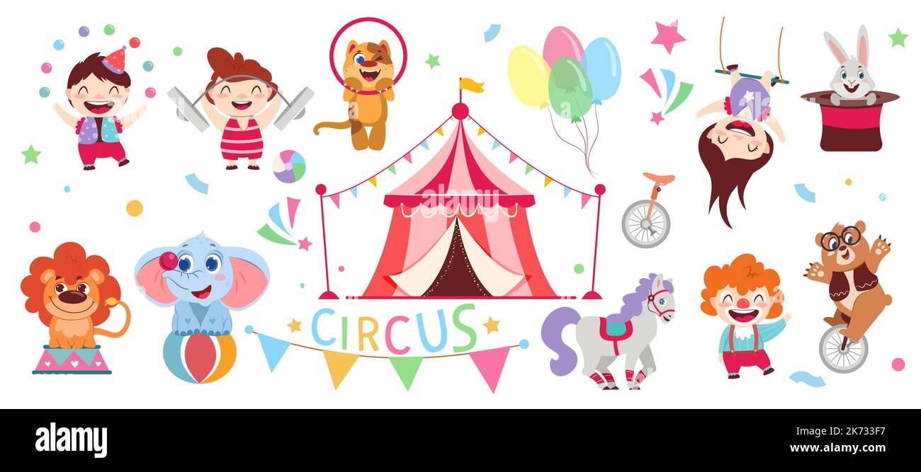 Set von Cartoon Zirkus Zelt, glückliche Künstler, lustige Darsteller Tiere und Dekoration im Vergnügungspark. Flacher Jongleur, Clown, Turnerin und starker Mann. Elefant, Bär, Löwe, Kaninchen und Pony zeigen Karneval. Stock Vektor