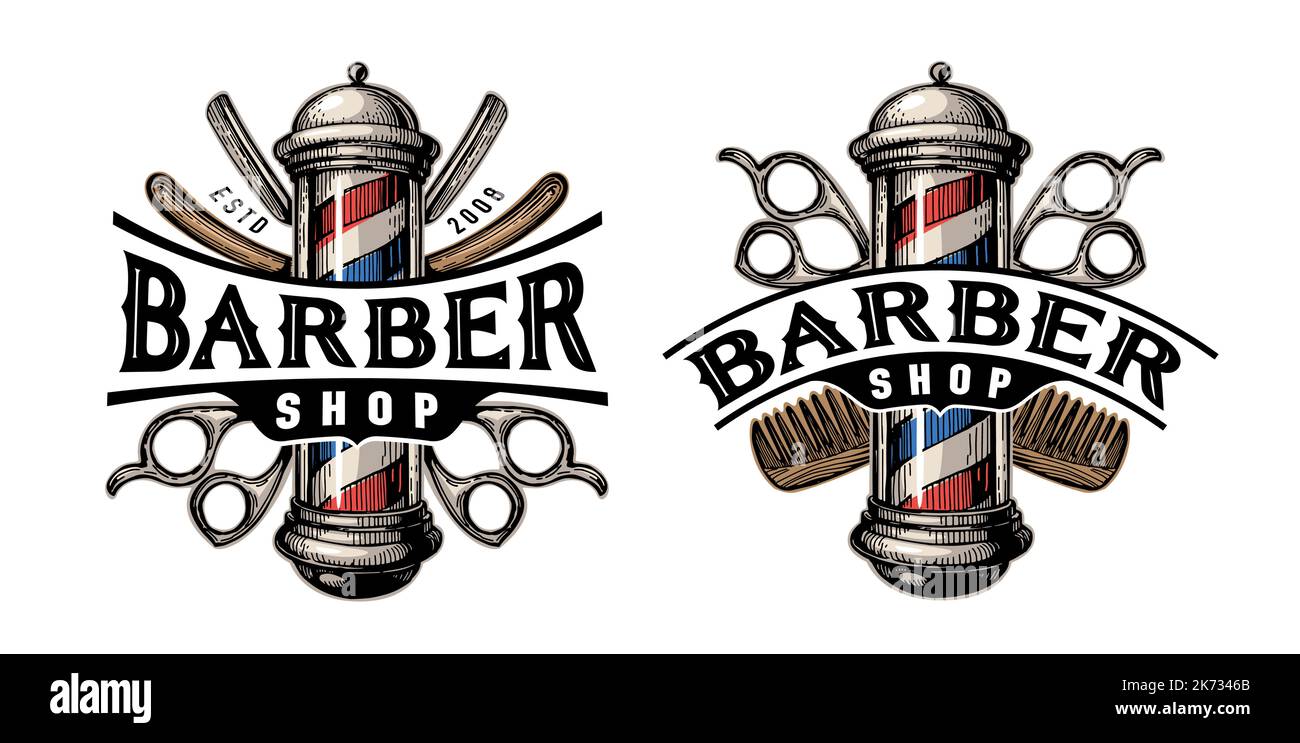 Barbershop-Emblem oder -Abzeichen. Friseurstab, Schönheitspflegesalon-Logo für Männer. Vektorgrafik Stock Vektor