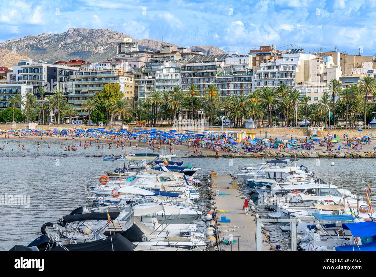 Benidorm Marina und Strandpromenade, Promenade und Strände am Weststrand (Poniente) in Benidorm an der Costa Blanca Küste des Mittelmeers, Spanien. Stockfoto
