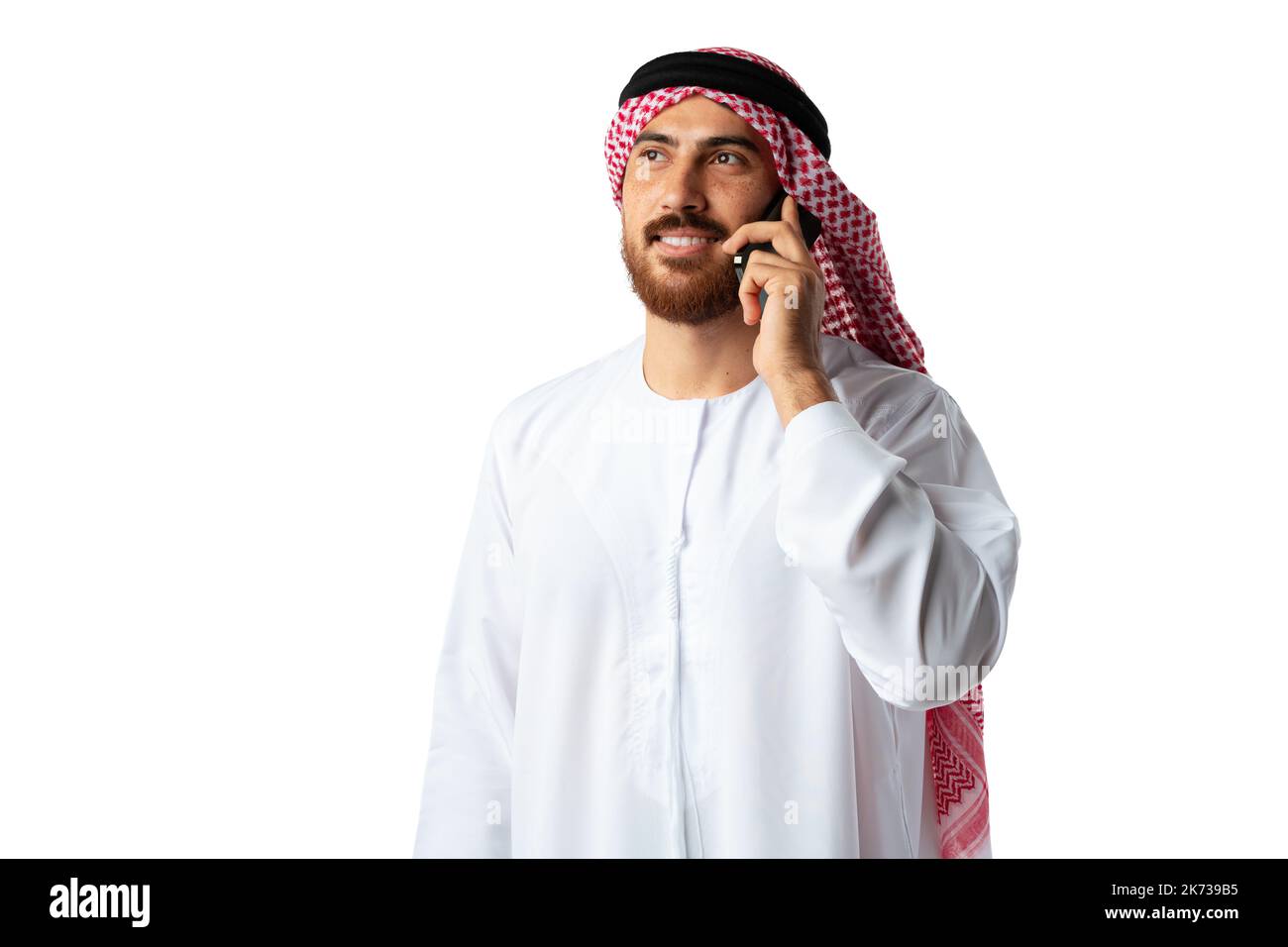 Arabischer Geschäftsmann im Gespräch auf Mobiltelefon isoliert auf weißem Hintergrund Stockfoto