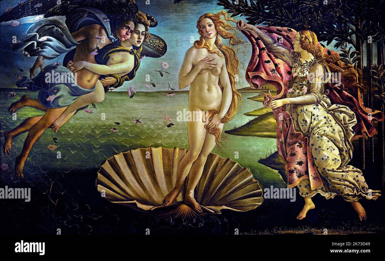 Geburt der Venus, Sandro Botticelli ,(Florenz 1445 – 1510) Florenz Italien,( Göttin der Liebe und Schönheit, Ankunft an Land, auf der Insel Zypern), Stockfoto