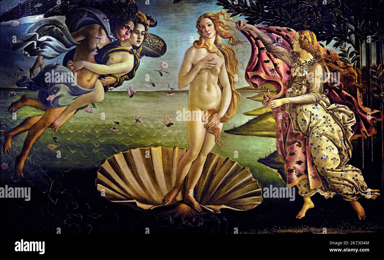 Geburt der Venus, Sandro Botticelli ,(Florenz 1445 – 1510) Florenz Italien,( Göttin der Liebe und Schönheit, Ankunft an Land, auf der Insel Zypern), Stockfoto