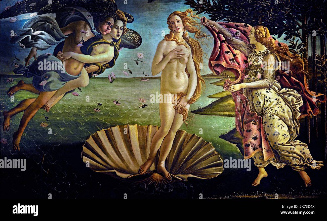 Geburt der Venus, Sandro Botticelli ,(Florenz 1445 – 1510) Florenz Italien,( Göttin der Liebe und Schönheit, Ankunft an Land, auf der Insel Zypern), Stockfoto