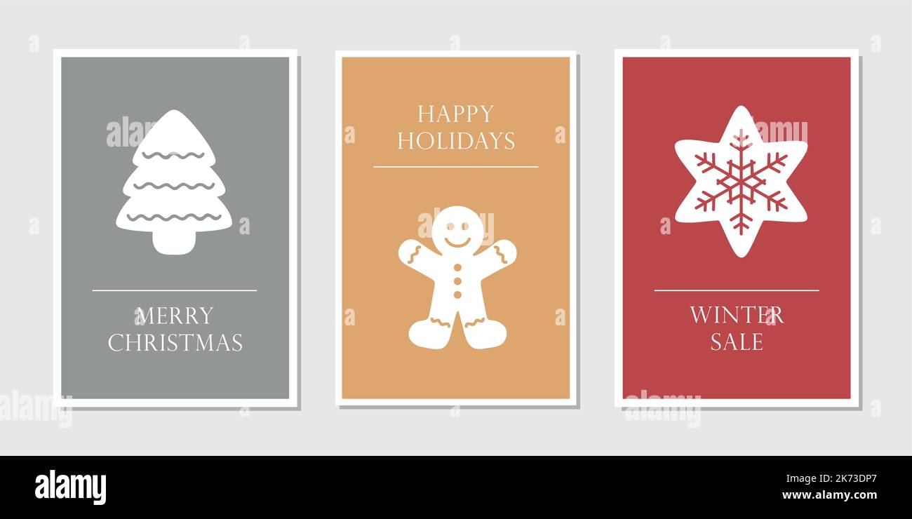 Set von weihnachts-Grußkarten mit Tannenbaum Lebkuchen Mann und Stern Stock Vektor