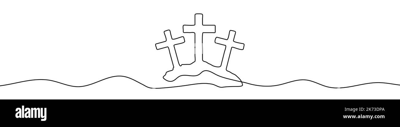 Kontinuierliche lineare Zeichnung von kalvarienberg. Hintergrund für einzeilige Zeichnung. Vektorgrafik. Schwarzes kalvariensymbol Stock Vektor