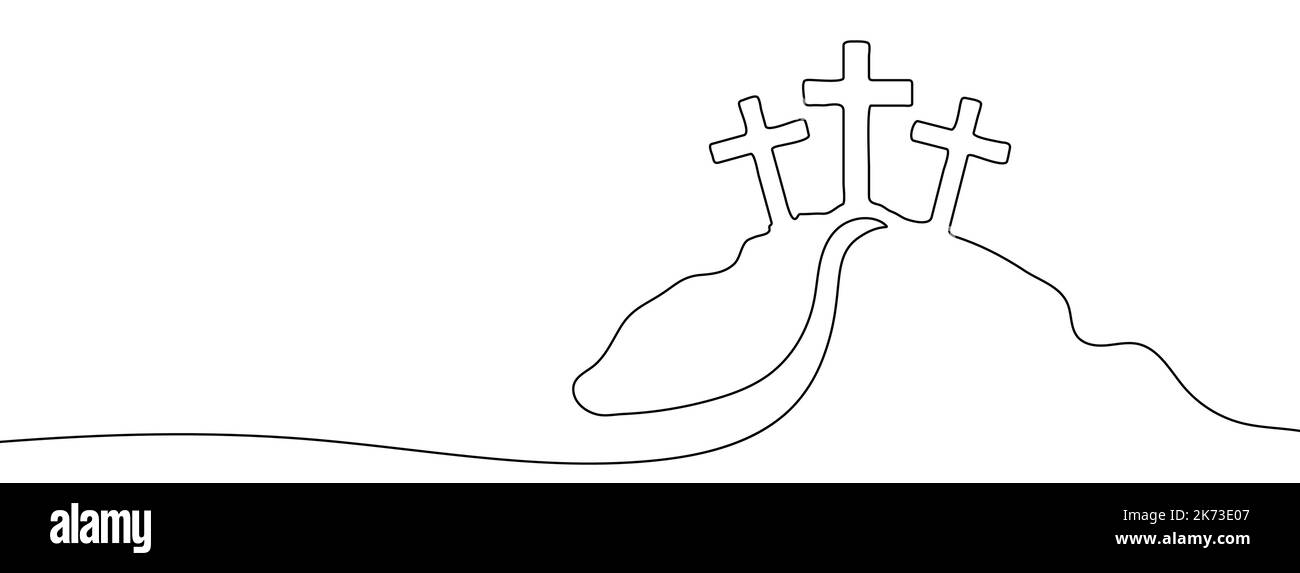 Kontinuierliche lineare Zeichnung von kalvarienberg. Hintergrund für einzeilige Zeichnung. Vektorgrafik. Schwarzes kalvariensymbol Stock Vektor