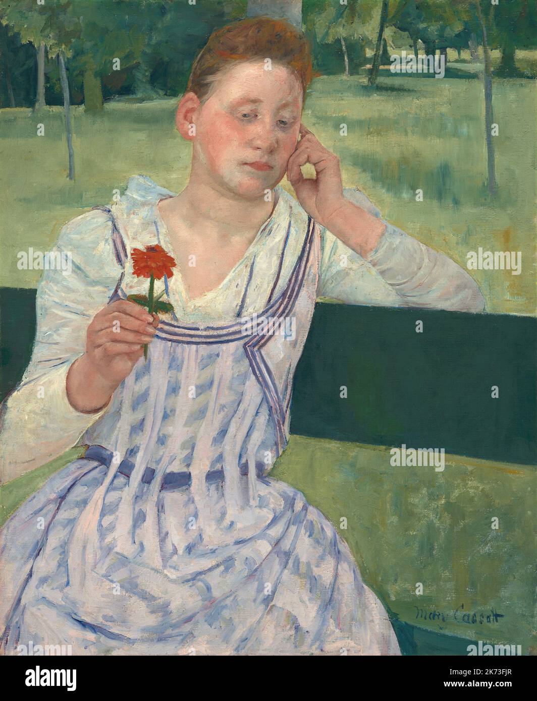 Mary Stevenson Cassatt 1844 - 1926 - amerikanische Malerin und Grafikerin, eine der drei großen Damen des Impressionismus - Frau mit einer roten Zinnia Stockfoto