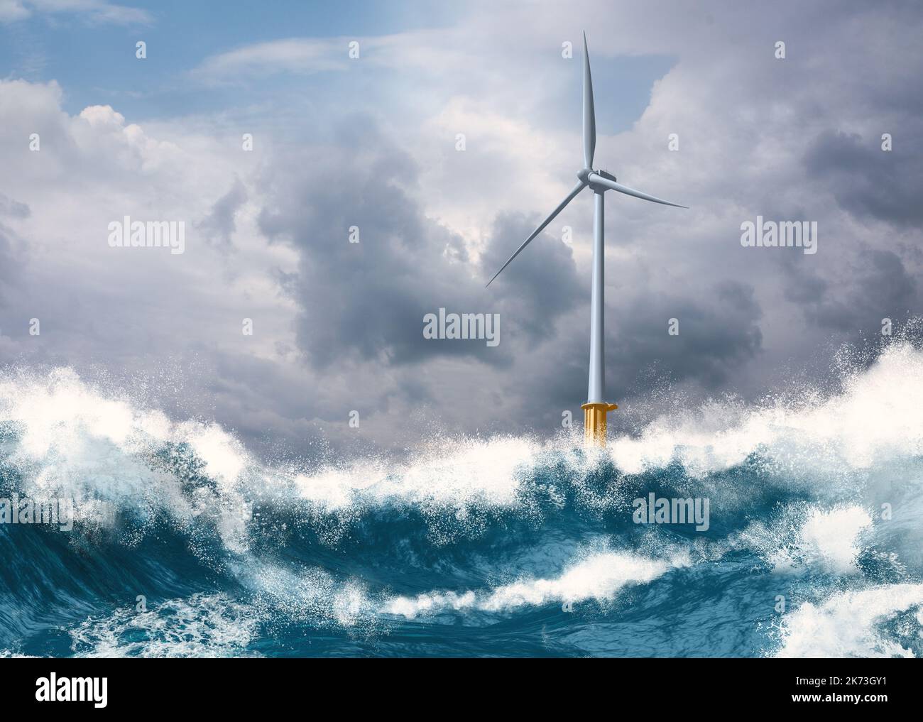 Moderne Mega-Offshore-Windturbine in rauer stürmischer See, die saubere nachhaltige Energie für eine bessere Umwelt liefert und Öl und andere fos abschafft Stockfoto