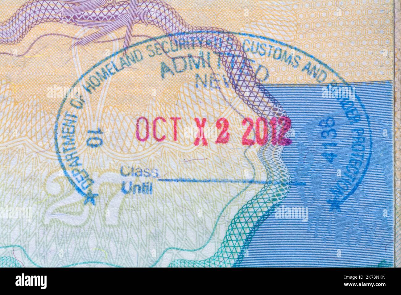 Department of Homeland Security US Customs and Border Protection zugelassen NEUEN Newark, NJ - Stempel in britischen Pass Okt X2 2012 Stockfoto