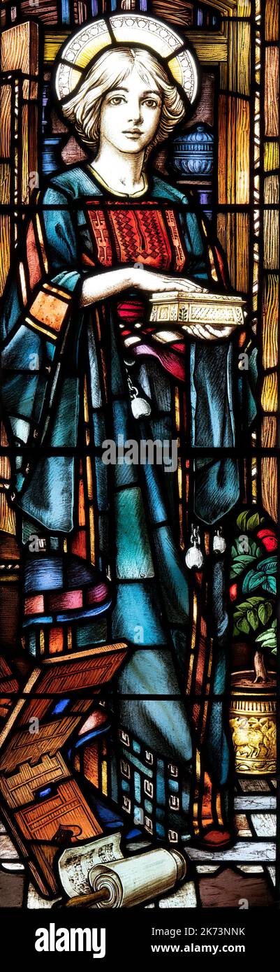 Maria von Bethany, hingerichtet in Glasmalerei von A. J. Dix aus einem Cartoon von James Clarke (1903), St. Stephen's Church, Kirkby Stepehen, Cumbria, Großbritannien Stockfoto