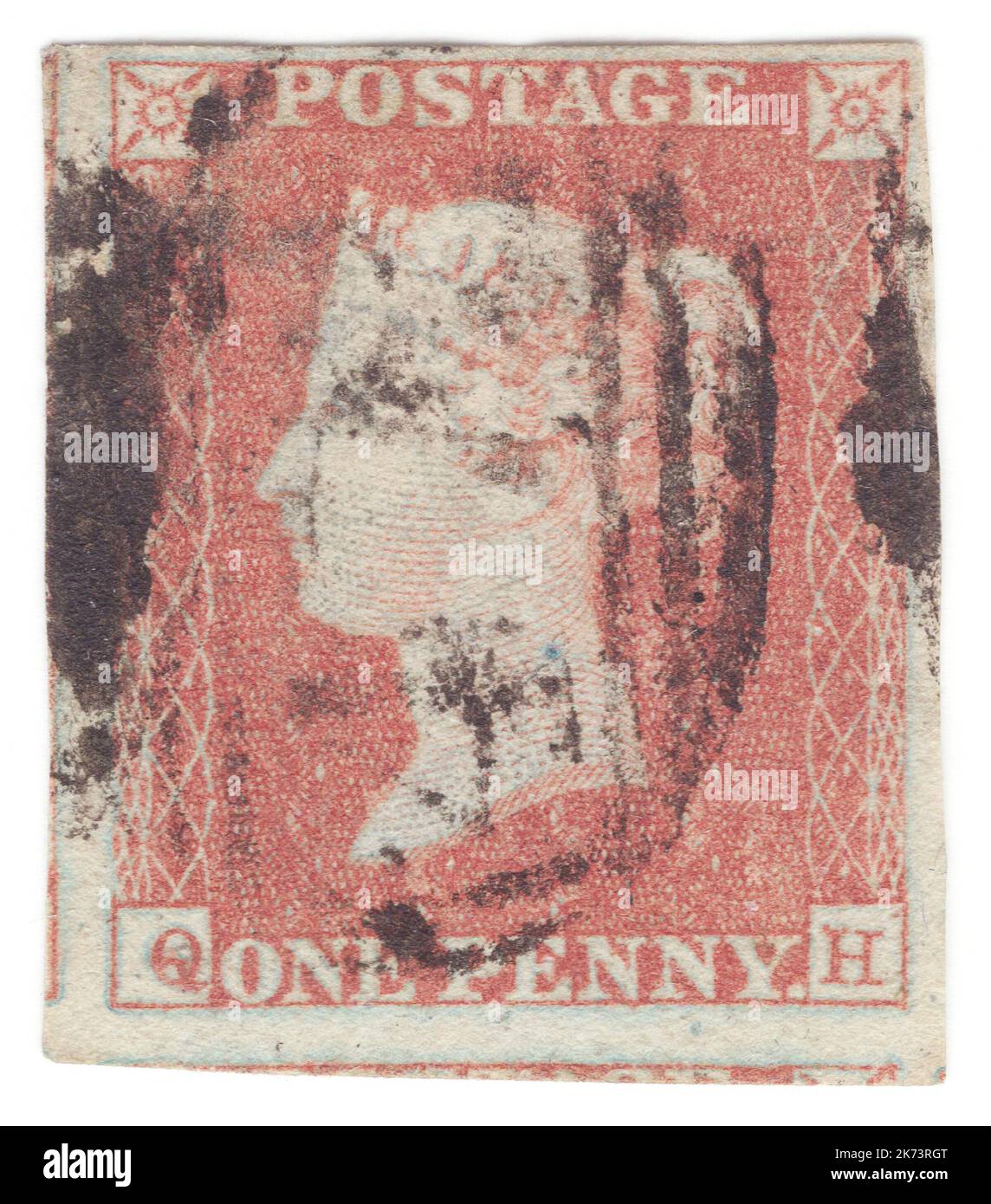 VEREINIGTES KÖNIGREICH - 1841: Eine 1 Pence rot-braune ungezäunte Briefmarke, die das Porträt von Königin Victoria zeigt. 3. älteste Briefmarkenausgabe der Welt Stockfoto