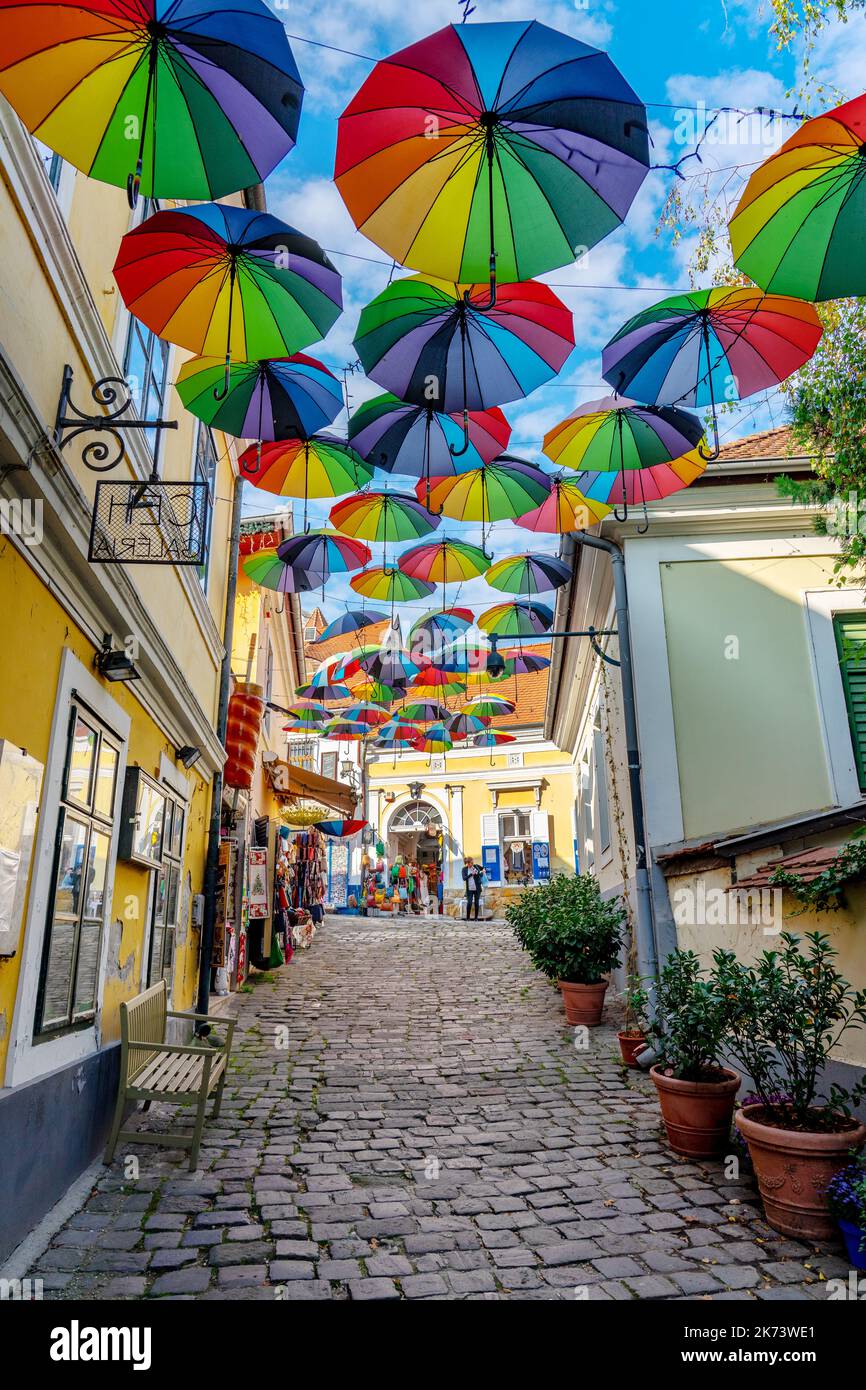 10.14.2022 - Szentendre, Ungarn: Farbenfrohe Regenschirme mit Blumen über der Straße in Szentendre Stockfoto