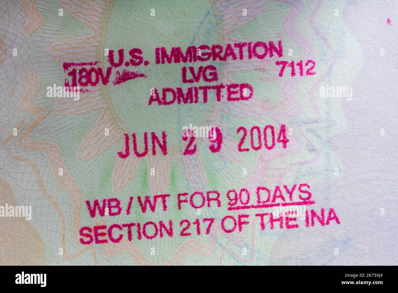 USA Immigration LVG Las Vegas, NV zugelassen Jun 29 2004 WB/WT für 90 Tage Abschnitt 217 der INA - Stempel im britischen Pass Stockfoto