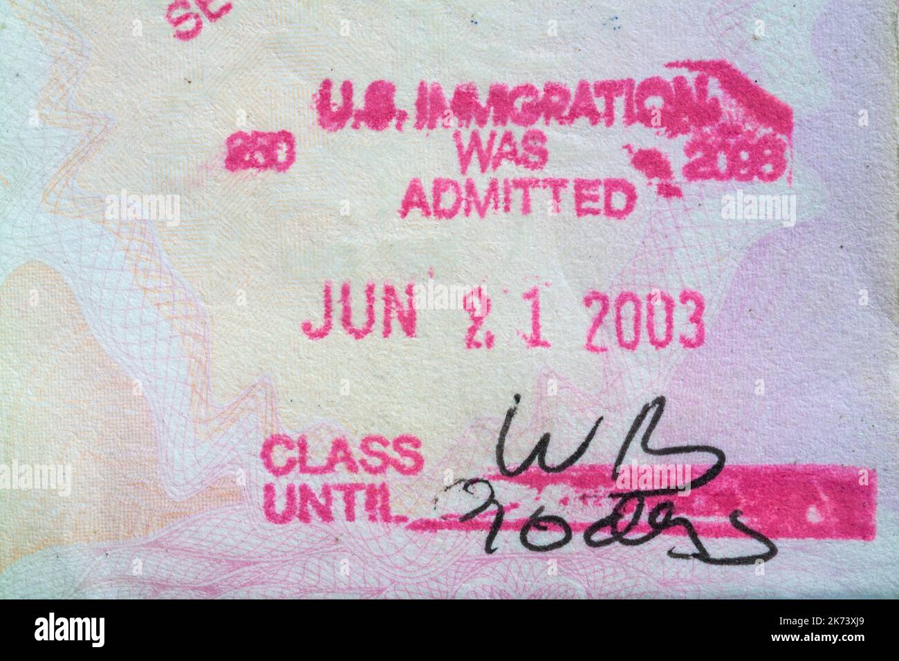 USA Immigration WAR Washington, DC zugelassen Juni 21 2003 - Stempel in britischen Pass Stockfoto